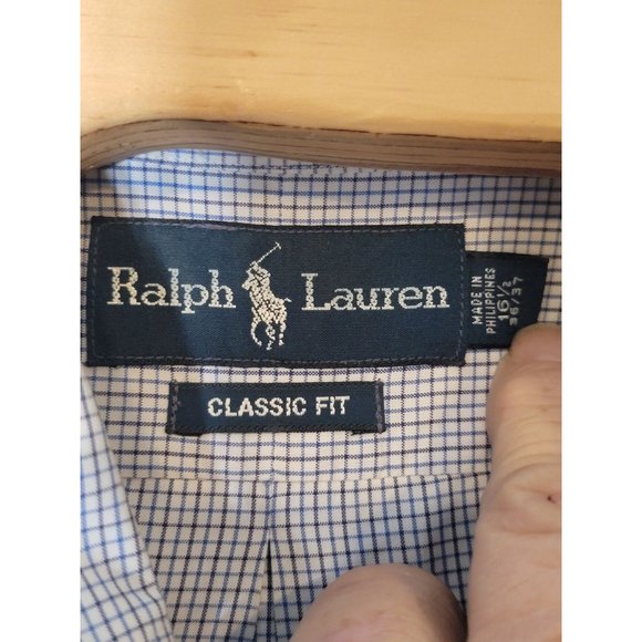 Ralph Lauren Button Down Dress Shirt Size 16.5 Long Sleeve Blue Check - Picture 4 of 5